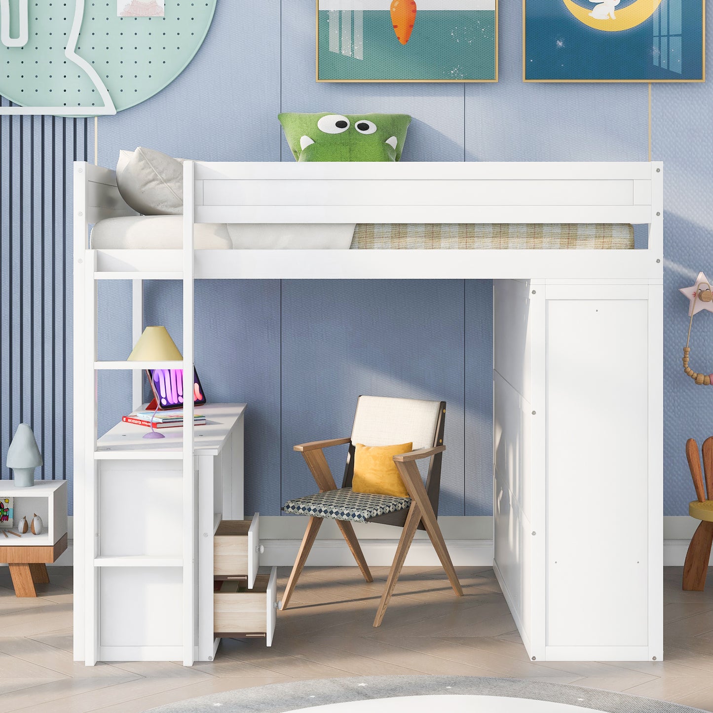 Space-Saving White Wood Loft Bed with Integrated Wardrobes and 2-Drawer Desk