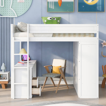 Space-Saving White Wood Loft Bed with Integrated Wardrobes and 2-Drawer Desk