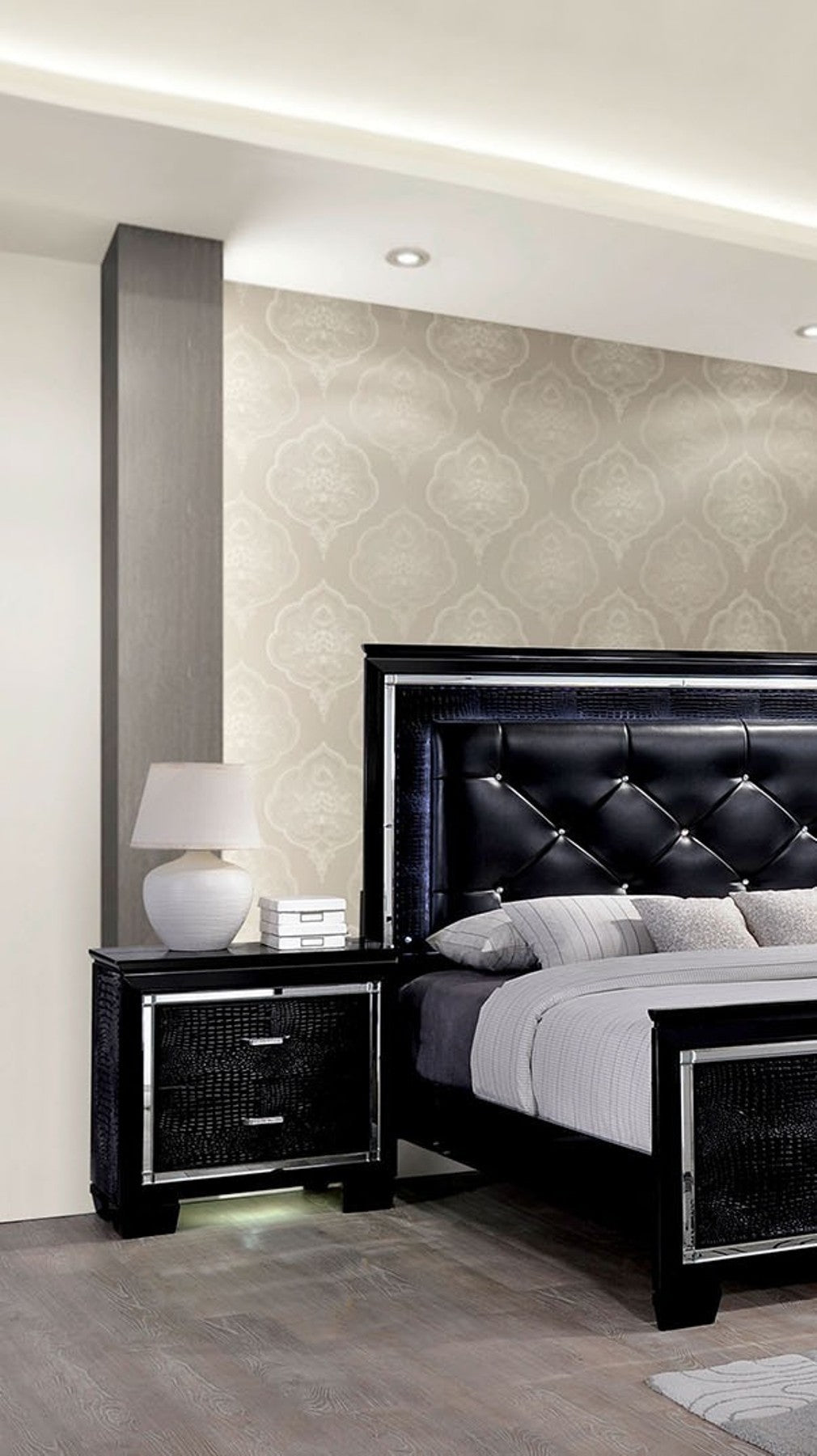 Contemporary 1pc Nightstand Black Bedside Table LED Light English Dovetail Drawer Bedroom Furniture