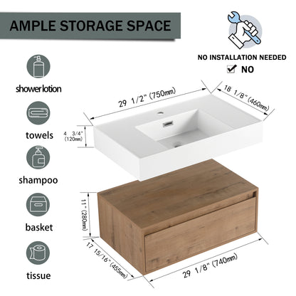 Modern 30-Inch Wall-Mounted Bathroom Vanity with Soft-Close Drawer and Elegant Resin Sink