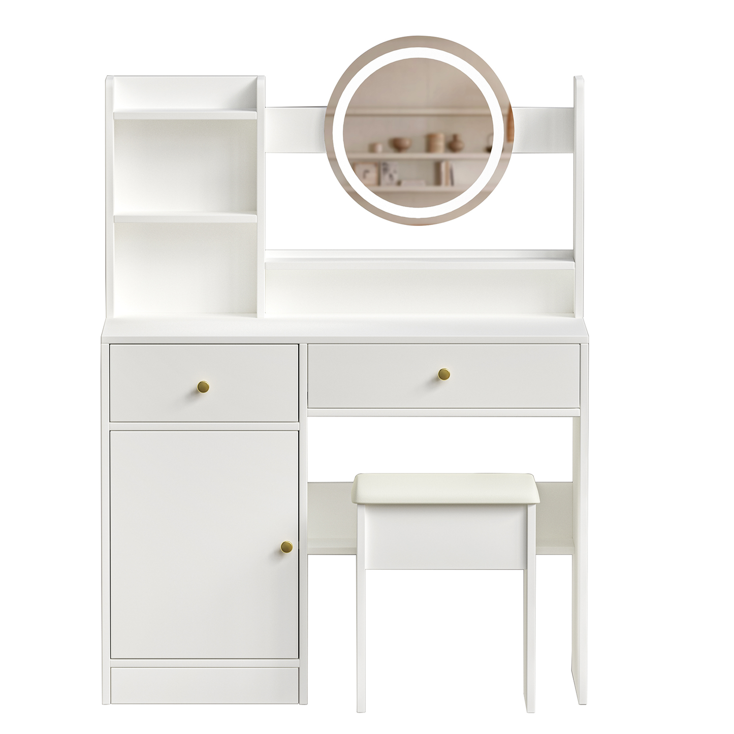 Vanity Set with LED Mirror and Adjustable Lighting, Cushioned Stool, 2 Drawers, Bedroom Vanity, White