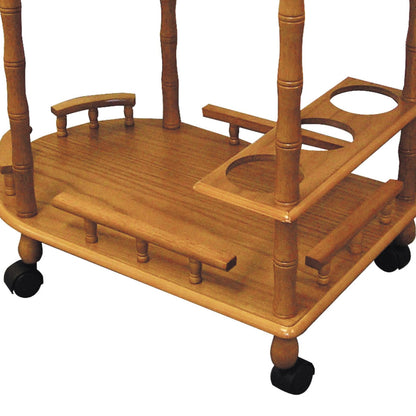 Elegant 29 Inch Oak Two Tier Wine Cart With Locking Wheels