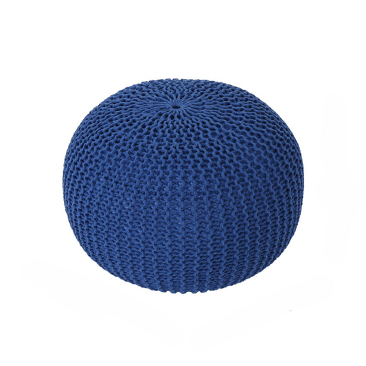 Round Knitted Cotton Pouf Ottoman, 20-Inch Diameter Floor Cushion, Bead-Filled, Seat or Footrest Navy Blue