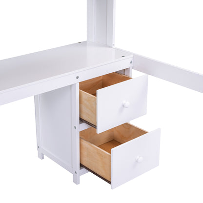 White Full Size Loft Bed with Integrated Desk, Storage Drawers, Bedside Tray, and Charging Station