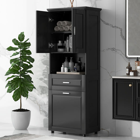 Stylish Tall Black Bathroom Storage Cabinet with Removable Laundry Basket and Ample Organizing Space