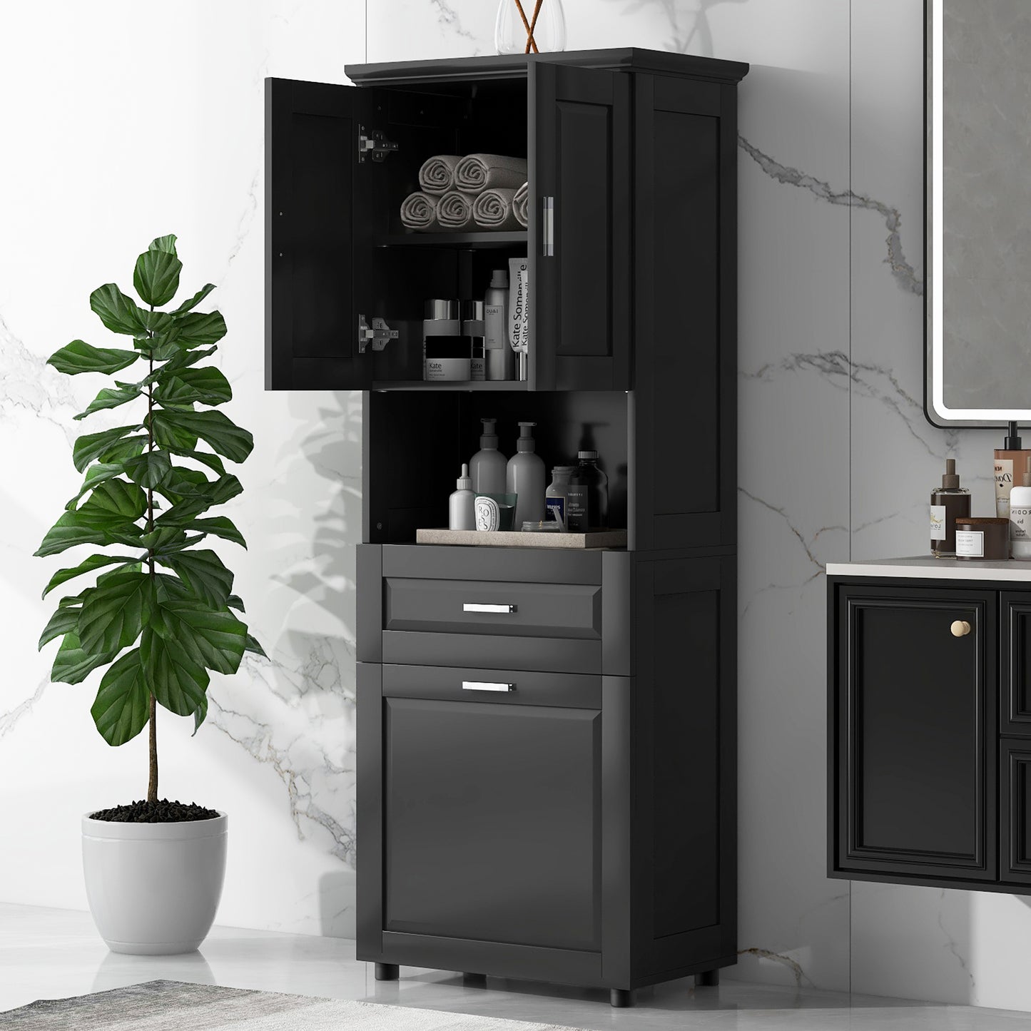 Stylish Tall Black Bathroom Storage Cabinet with Removable Laundry Basket and Ample Organizing Space