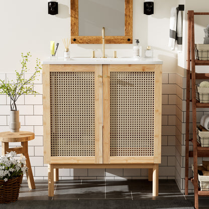 Elegant 30-Inch Natural Bamboo Bathroom Vanity with Artisanal Rattan Doors and Soft-Close Mechanism