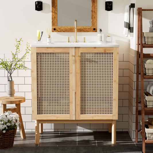 Elegant 30-Inch Natural Bamboo Bathroom Vanity with Artisanal Rattan Doors and Soft-Close Mechanism