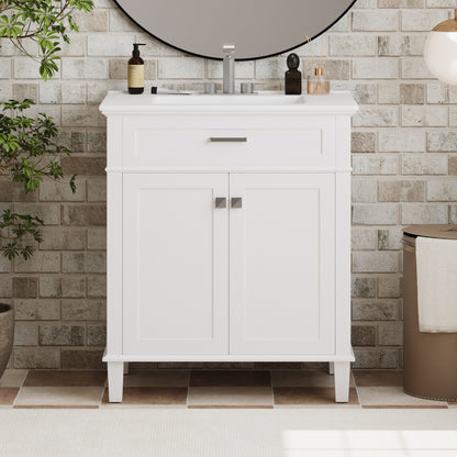 Stylish 30-Inch Bathroom Vanity with Elegant Ceramic Sink, Soft Close Doors, and Adjustable Storage Shelves