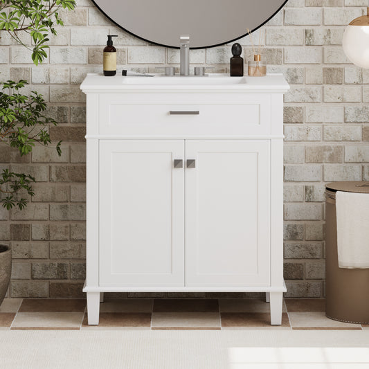 Stylish 30-Inch Bathroom Vanity with Elegant Ceramic Sink, Soft Close Doors, and Adjustable Storage Shelves