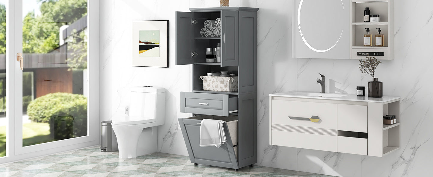 Tall Grey Storage Cabinet with Removable Laundry Hamper, Multi-Functional Upper Shelves and Cabinet Doors