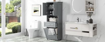 Tall Grey Storage Cabinet with Removable Laundry Hamper, Multi-Functional Upper Shelves and Cabinet Doors