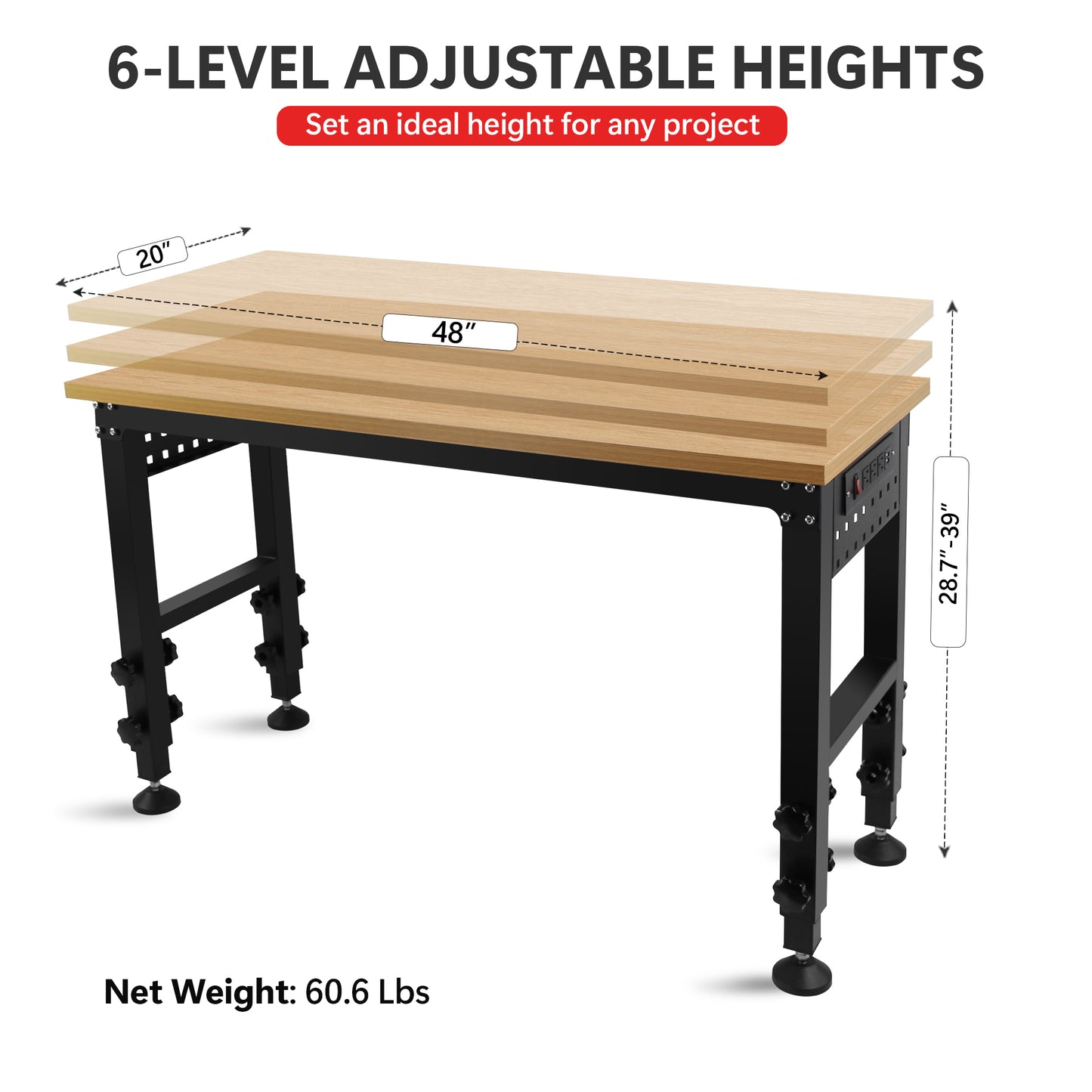 48" Versatile Adjustable Workbench with ETL Certified Power Outlets - Heavy-Duty Hardwood Table for Garage, Office, and Home Use