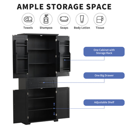 Tall Black Bathroom Storage Cabinet with Adjustable Shelf, Doors, and Drawer for Versatile Organization