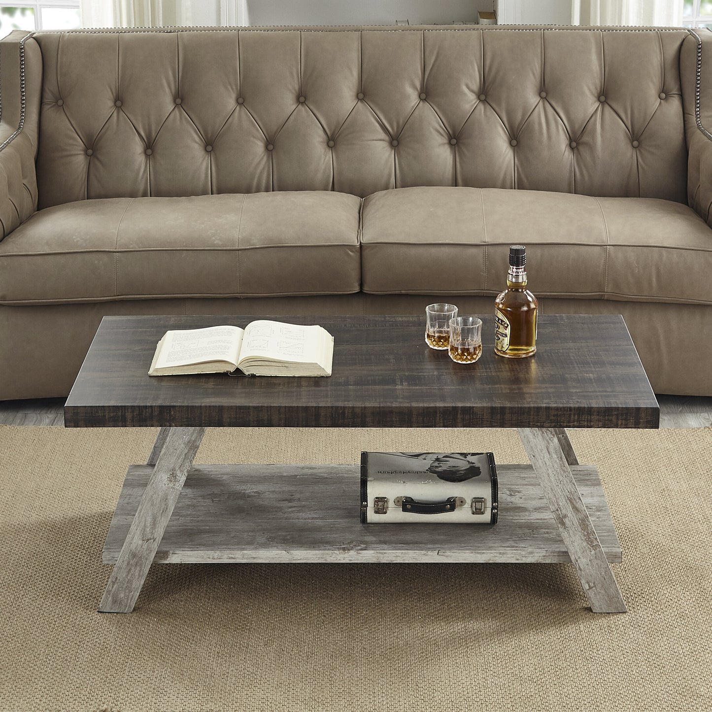 Two-Tone Coffee Table with Storage Shelf, 48x24x19 in, Wood, Splayed Legs, Weathered Walnut and Gray
