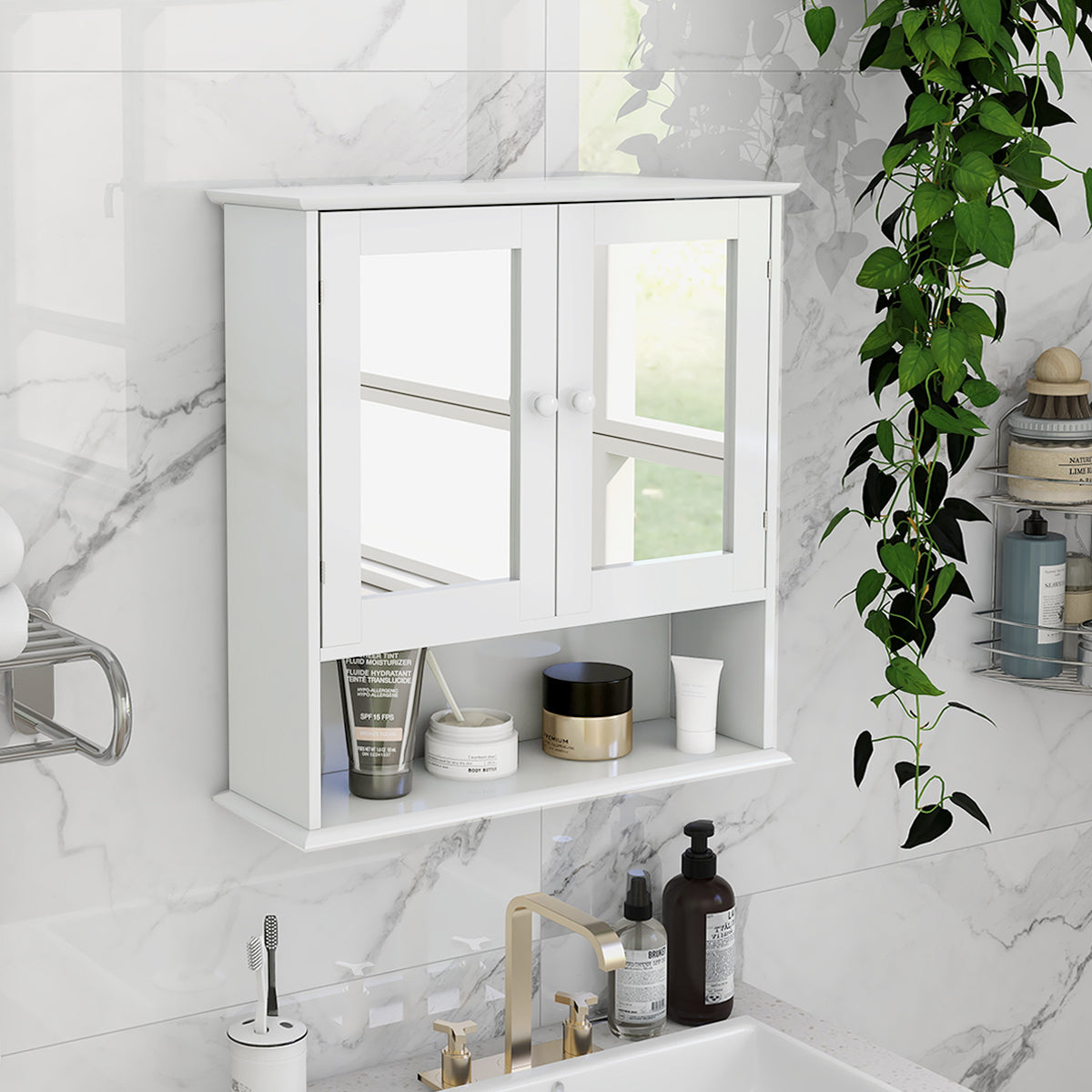 Modern White Bathroom Wall Cabinet with Double Mirror Doors and Adjustable Shelves
