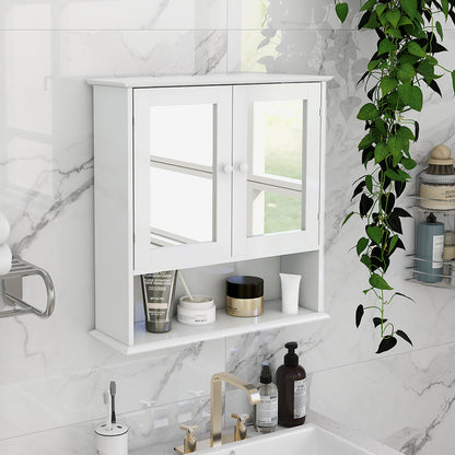Modern White Bathroom Wall Cabinet with Double Mirror Doors and Adjustable Shelves