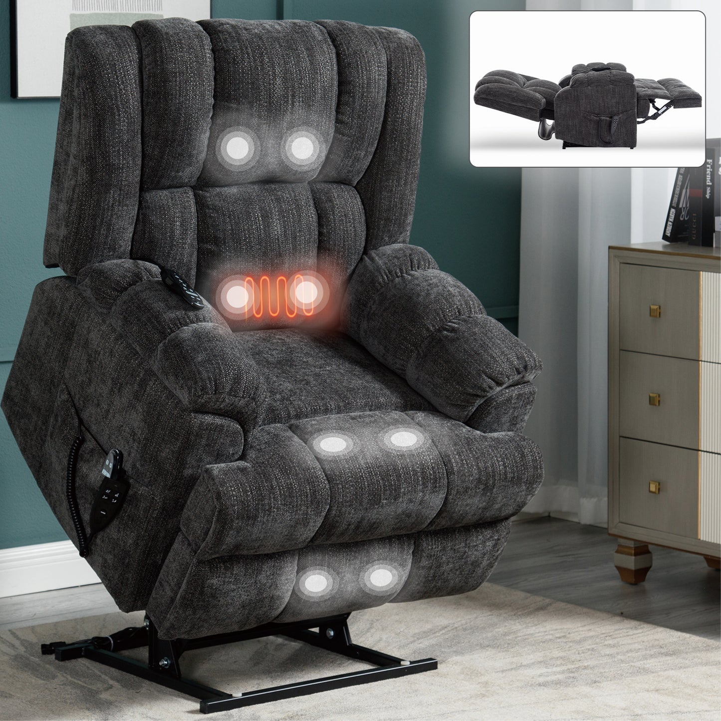 Dual-Motor Lift Recliner with Massage & Lumbar Heat, 350 lb Capacity, Remote, Chenille, Grey