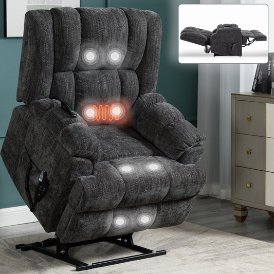 Dual-Motor Lift Recliner with Massage & Lumbar Heat, 350 lb Capacity, Remote, Chenille, Grey