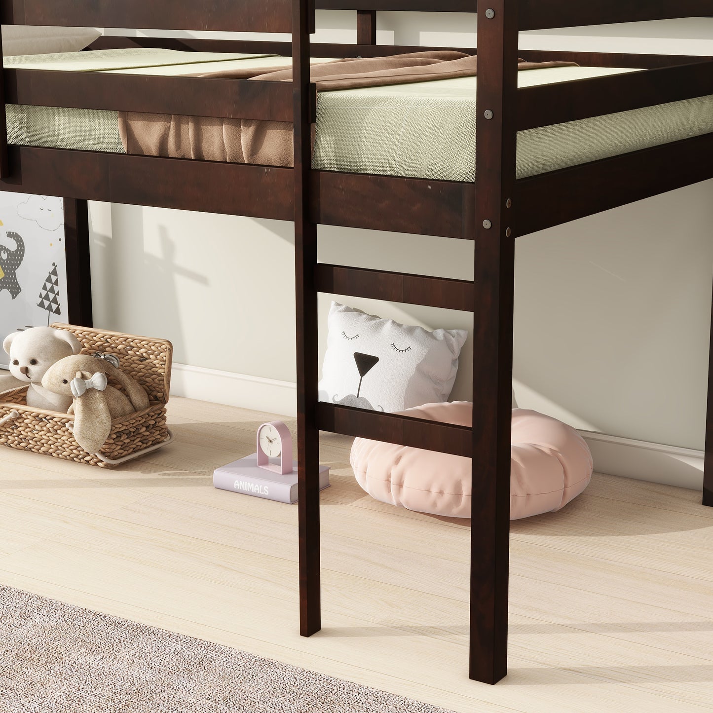 Espresso Rubber Wood Twin Loft Bed with Ladder and Enhanced Support Slats