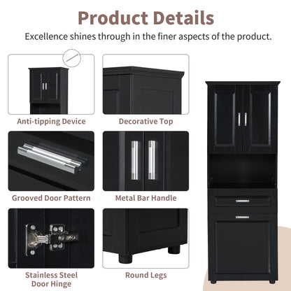 Stylish Tall Black Bathroom Storage Cabinet with Removable Laundry Basket and Ample Organizing Space