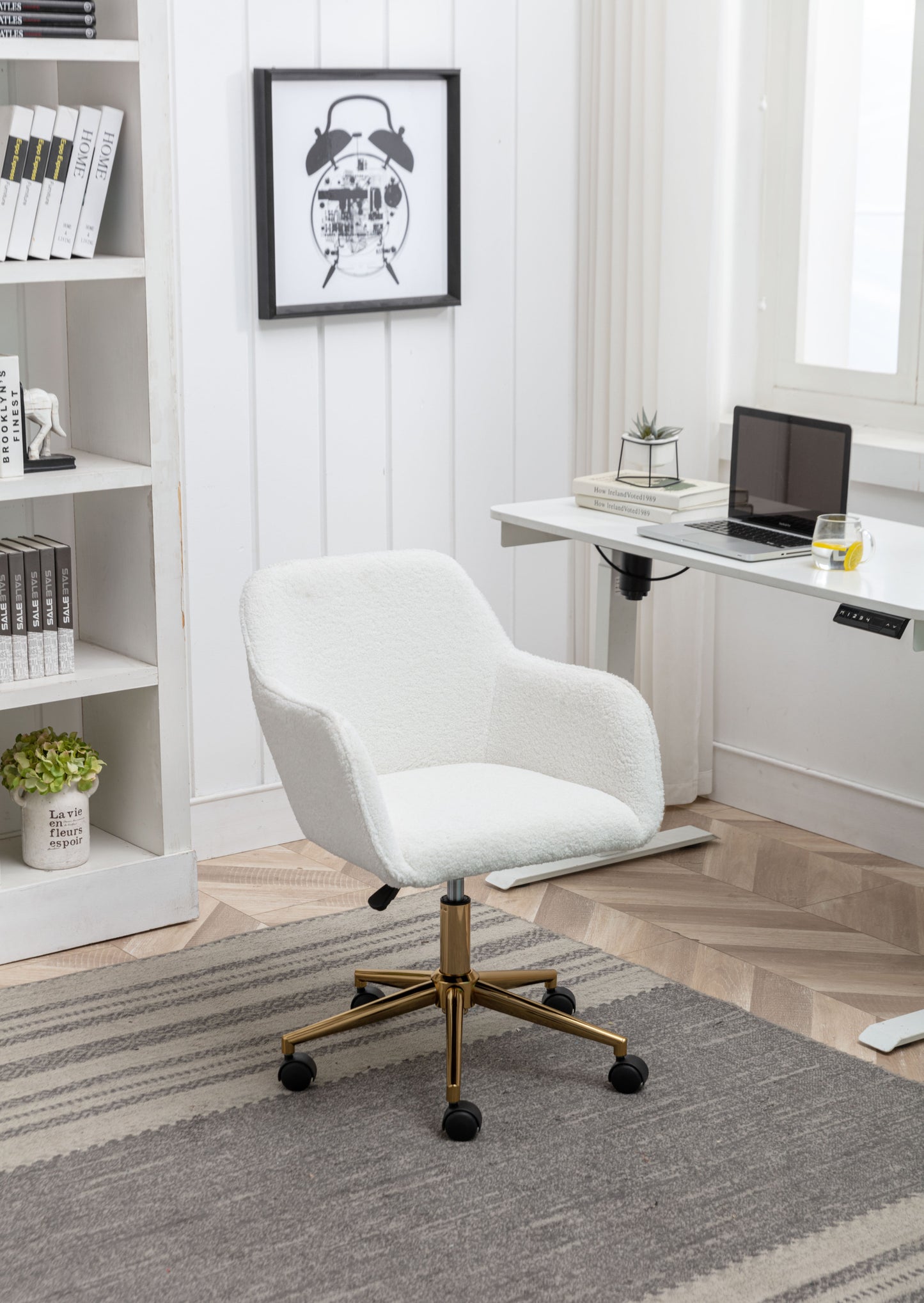 Elegant White Teddy Fabric Home Office Chair with Gold Metal Legs and 360° Swivel Function