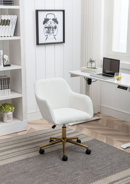 Elegant White Teddy Fabric Home Office Chair with Gold Metal Legs and 360° Swivel Function