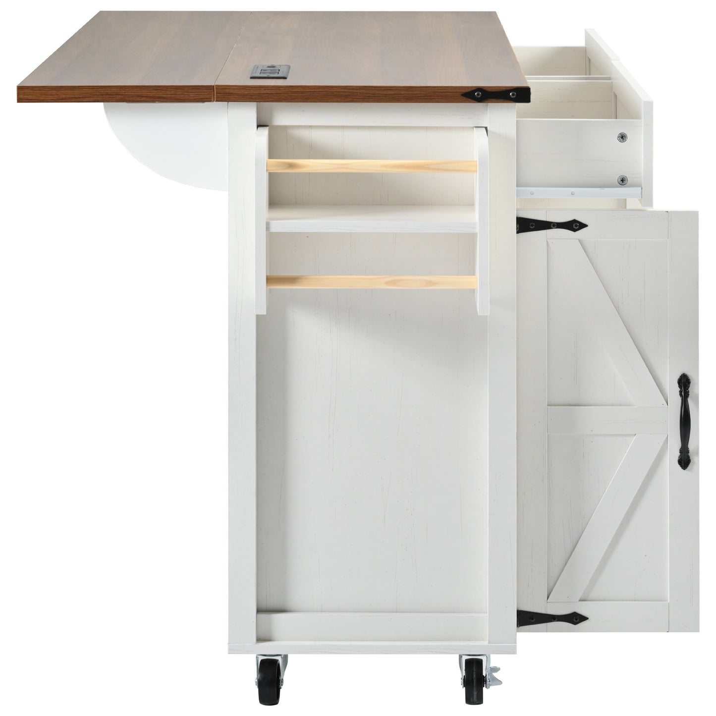 Farmhouse Rolling Kitchen Island with Power Outlet, Drop Leaf, Spice Rack, and Storage Drawers - 53.5'' White Cart for Kitchen and Dining Room