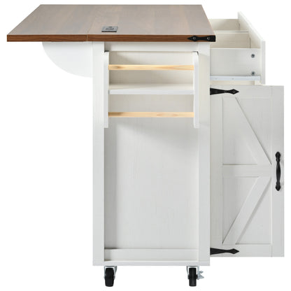 Farmhouse Rolling Kitchen Island with Power Outlet, Drop Leaf, Spice Rack, and Storage Drawers - 53.5'' White Cart for Kitchen and Dining Room