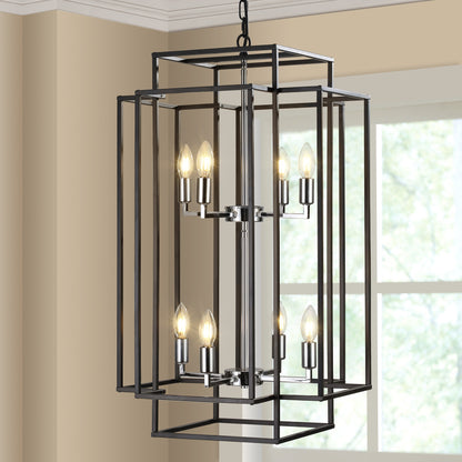 8-Light Lantern Pendant Light Industrial Farmhouse Chandelier for Entryway, Kitchen Island Black & Silver