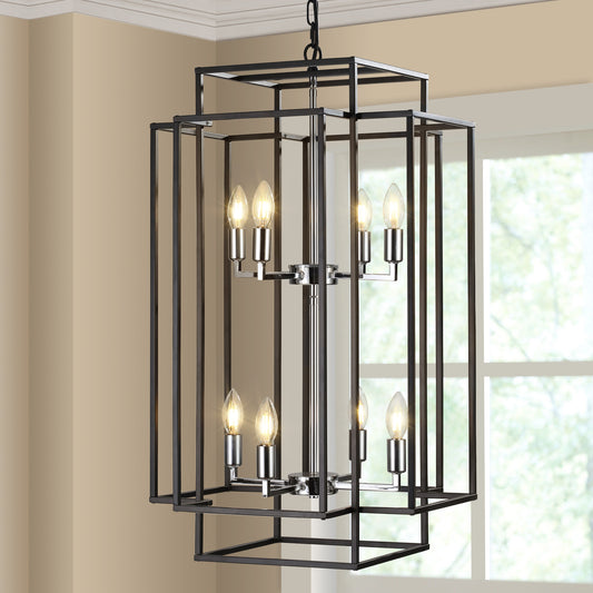 8-Light Lantern Pendant Light Industrial Farmhouse Chandelier for Entryway, Kitchen Island Black & Silver
