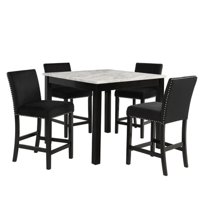 5Pc Counter Dining Set Faux Marble Velvet Chairs Black