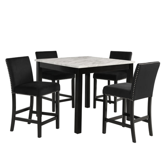 5Pc Counter Dining Set Faux Marble Velvet Chairs Black