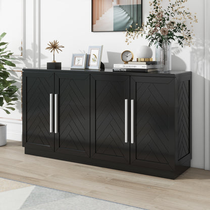 TREXM Sideboard with 4 Doors Large Storage Space Buffet Cabinet with Adjustable Shelves and Silver Handles for Kitchen, Dining Room, Living Room (Black)