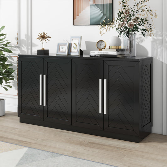 TREXM Sideboard with 4 Doors Large Storage Space Buffet Cabinet with Adjustable Shelves and Silver Handles for Kitchen, Dining Room, Living Room (Black)
