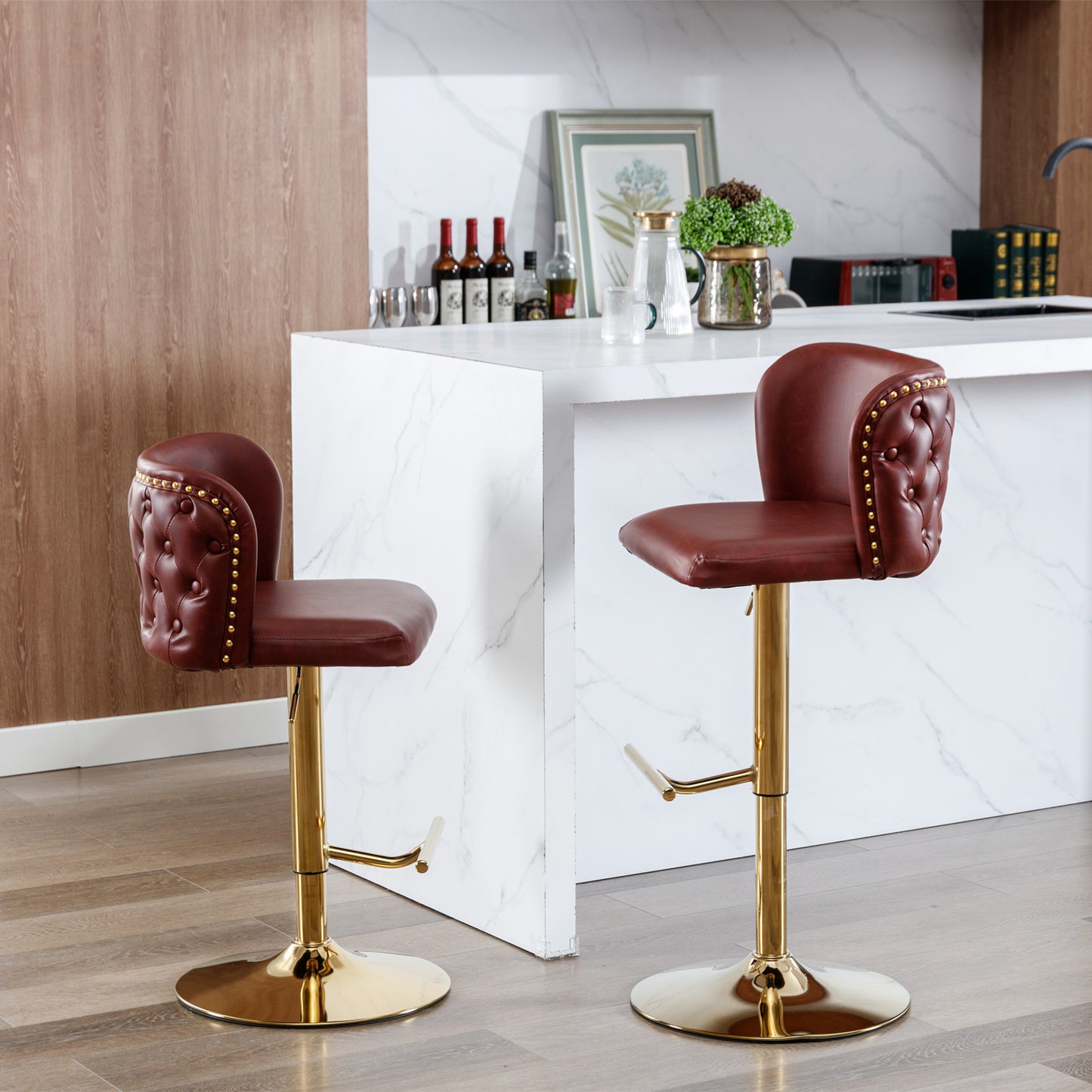 Swivel Barstools Adjustable PU Upholstered Wine Red 2 Pack