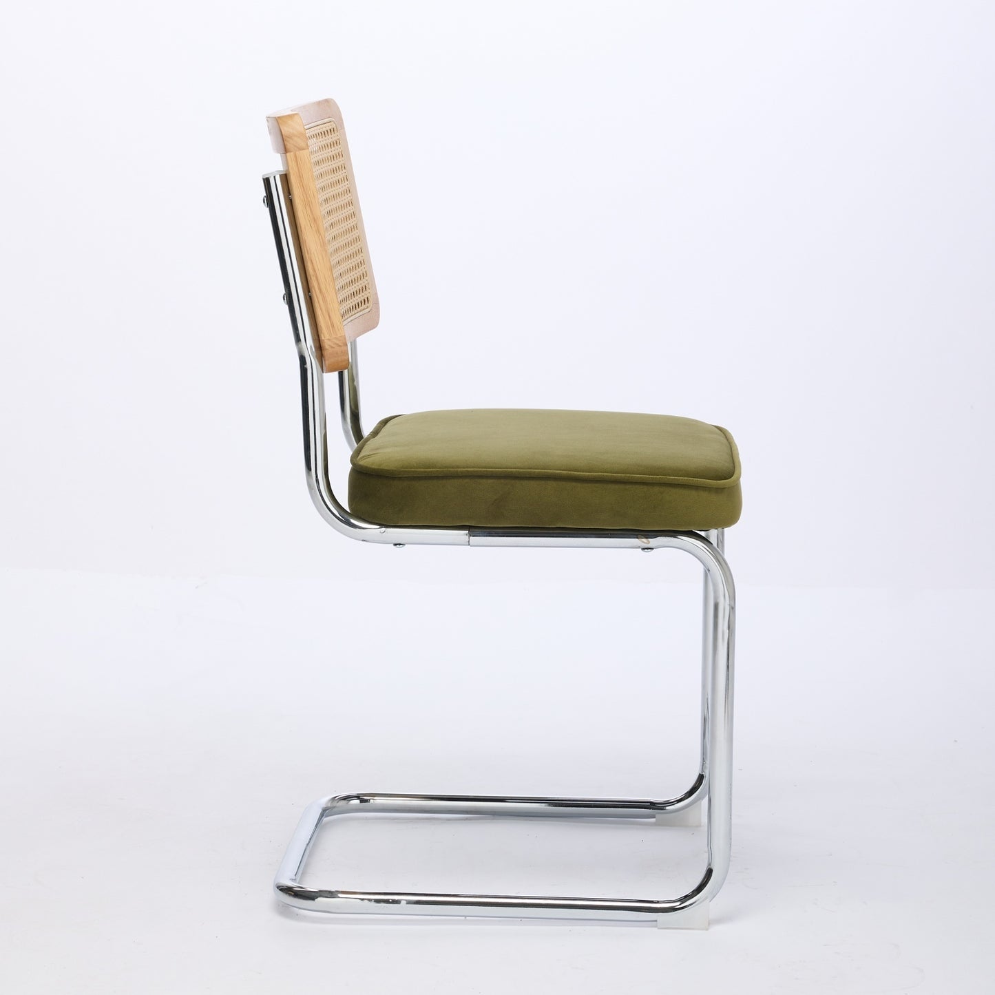 Set of 2 Velvet Dining Chairs with Rattan Back and Cantilever Chrome Base, Mid-Century Style, Olive Green