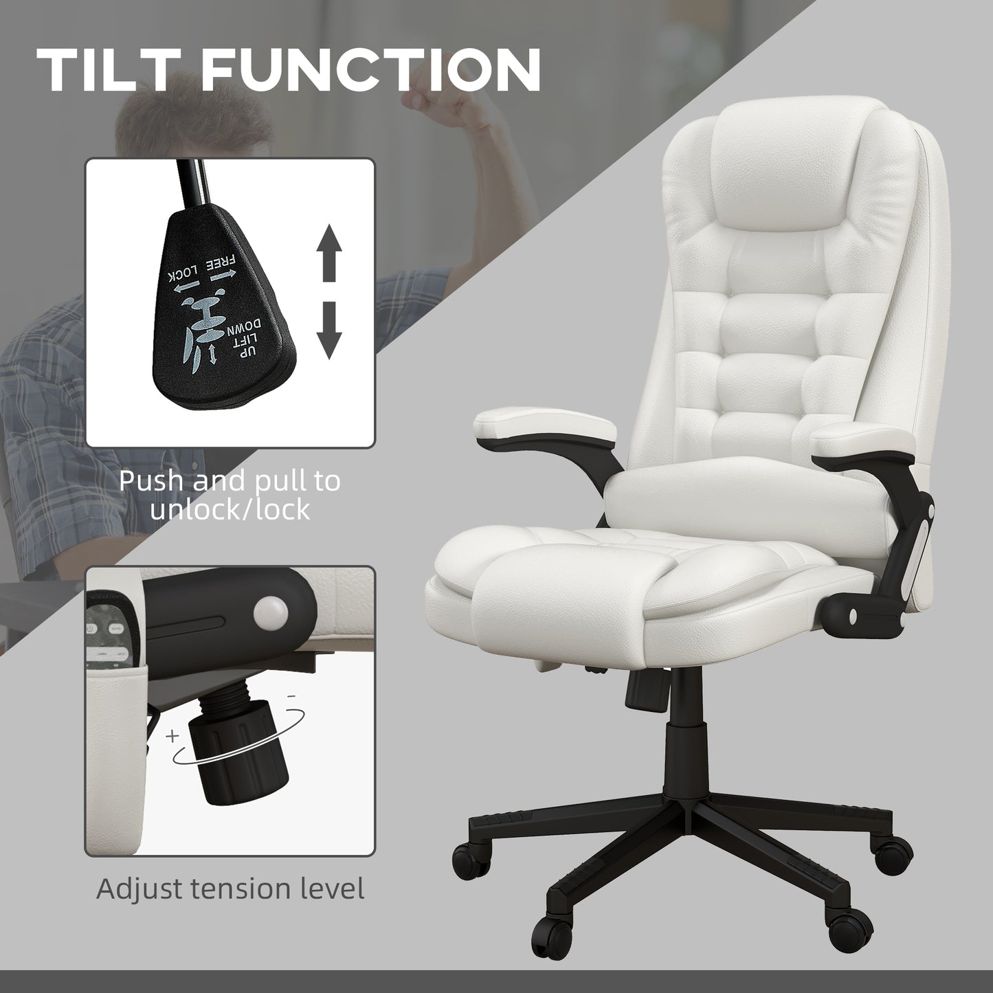 Ergonomic High Back Massage Office Chair with Heated Recline and Remote Control, White PU Leather