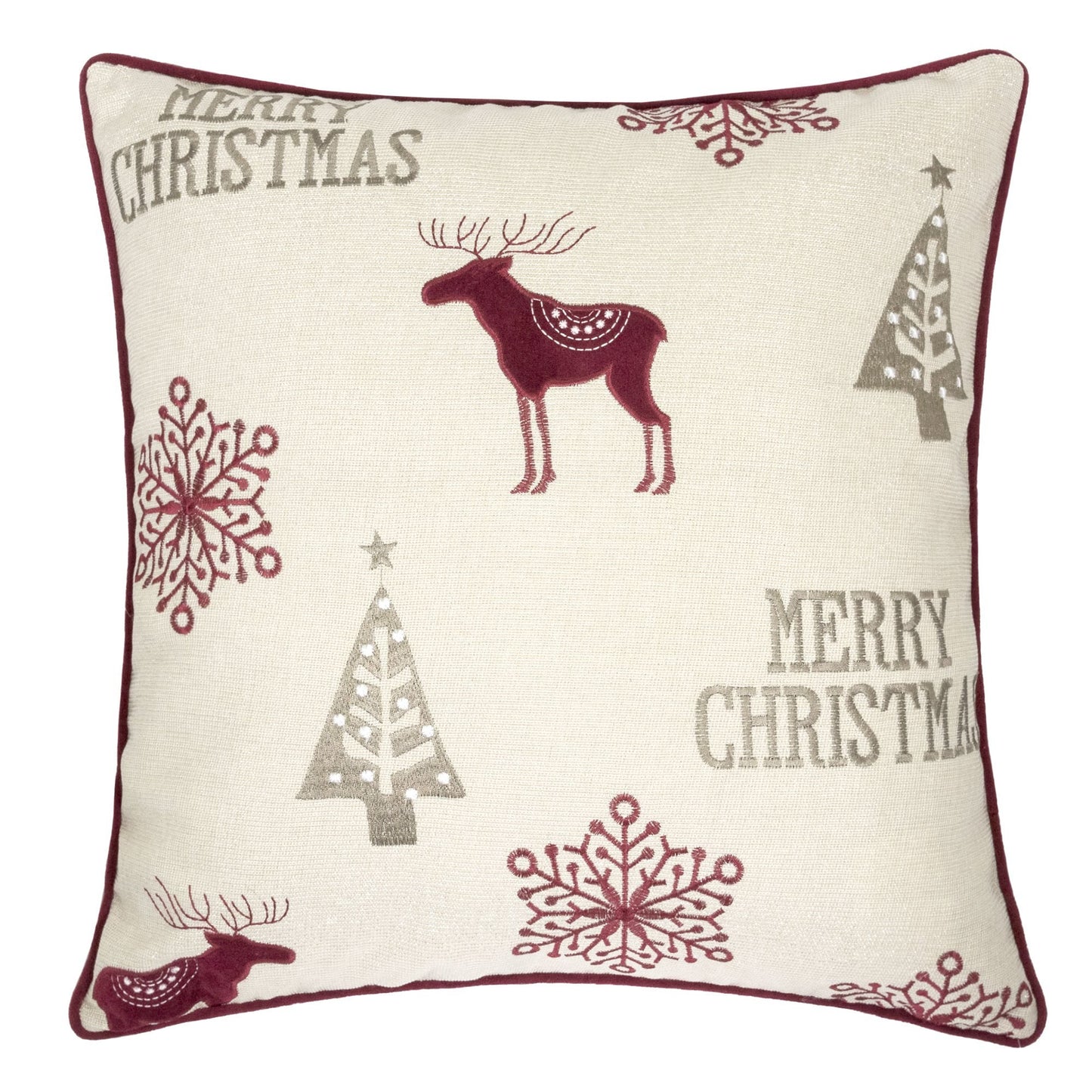 Christmas Embroidered Throw Pillow 20x20 in, Reindeer & Snowflakes, Poly Linen Blend, Plush Insert Red