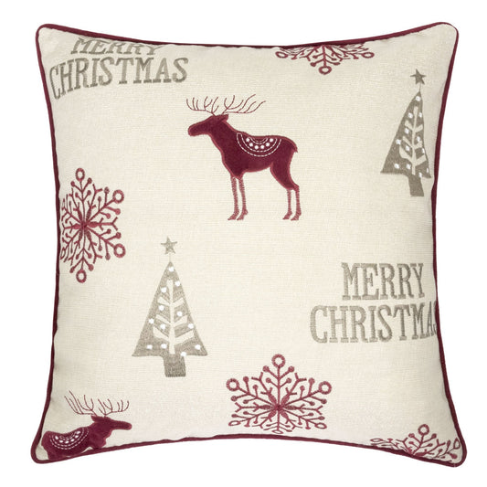 Christmas Embroidered Throw Pillow 20x20 in, Reindeer & Snowflakes, Poly Linen Blend, Plush Insert Red