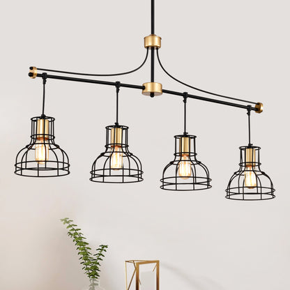 40-Inch Linear 4-Light Farmhouse Chandelier for Island, Metal Shade, Adjustable, Matte Black & Matte Gold