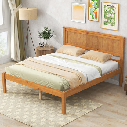 Oak Full Platform Bed Frame with Headboard - No Box Spring Required, Wood Slat Support