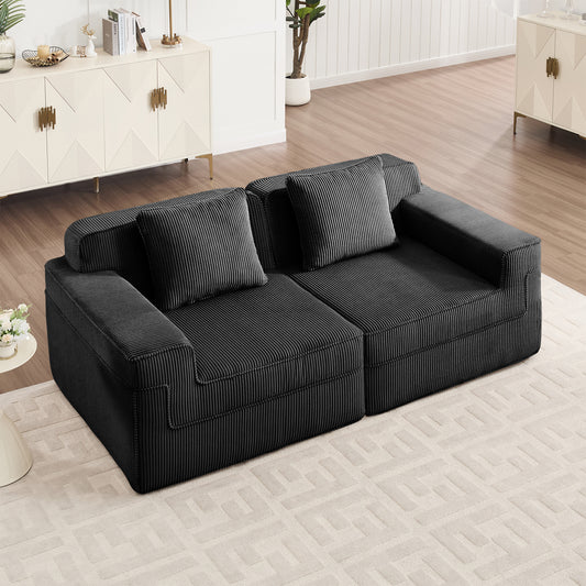 Modular 2-Seat Boneless Cloud Sofa with Deep Seat, Corduroy, Removable Pillows, Easy Setup, Black