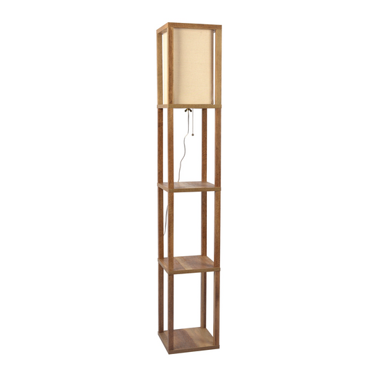62-Inch Shelf Floor Lamp with Built-In Shelves and Long Shade for Bedroom or Living Room Natural Wood