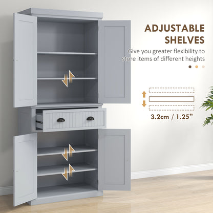 Freestanding Gray Kitchen Pantry with 4 Doors, 3 Adjustable Shelves, and Central Drawer - Traditional Beadboard Design