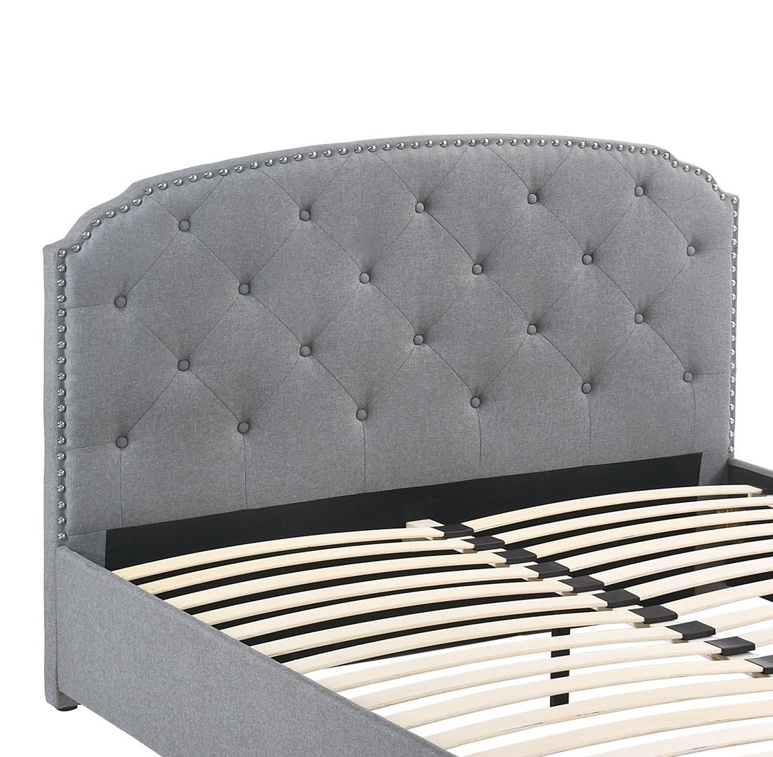 Light Grey Upholstered Twin Bed Frame with Storage Drawer and Button Tufted Headboard