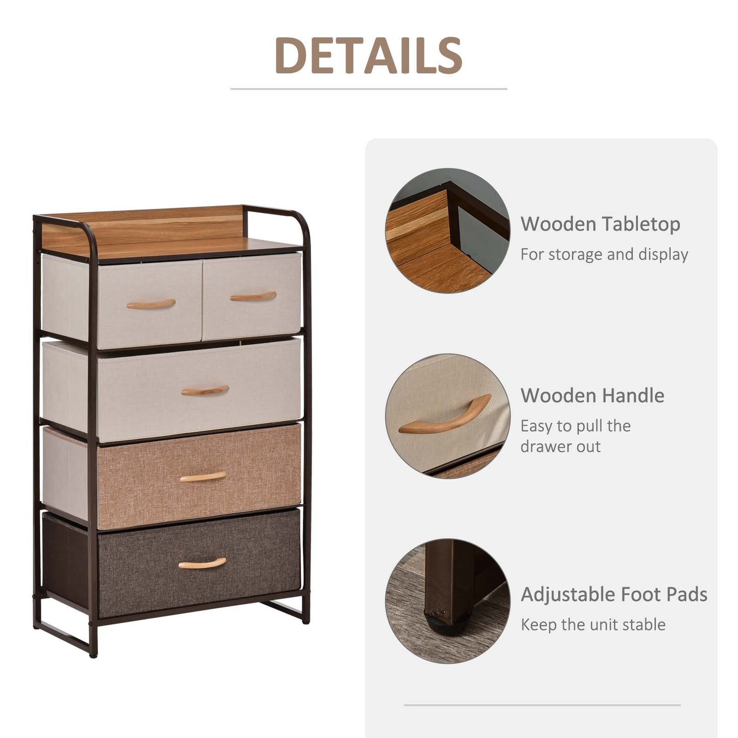 HOMCOM Multi-Functional 5-Drawer Storage Dresser with Maple Wood Top and Steel Frame