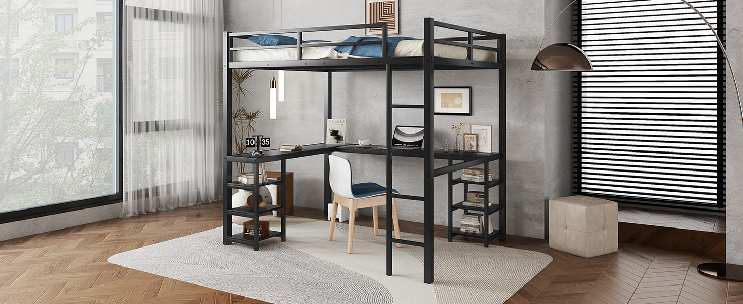 Stylish Black Metal Loft Bed with Integrated Desk and Storage Shelves