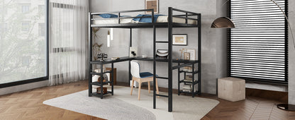 Stylish Black Metal Loft Bed with Integrated Desk and Storage Shelves
