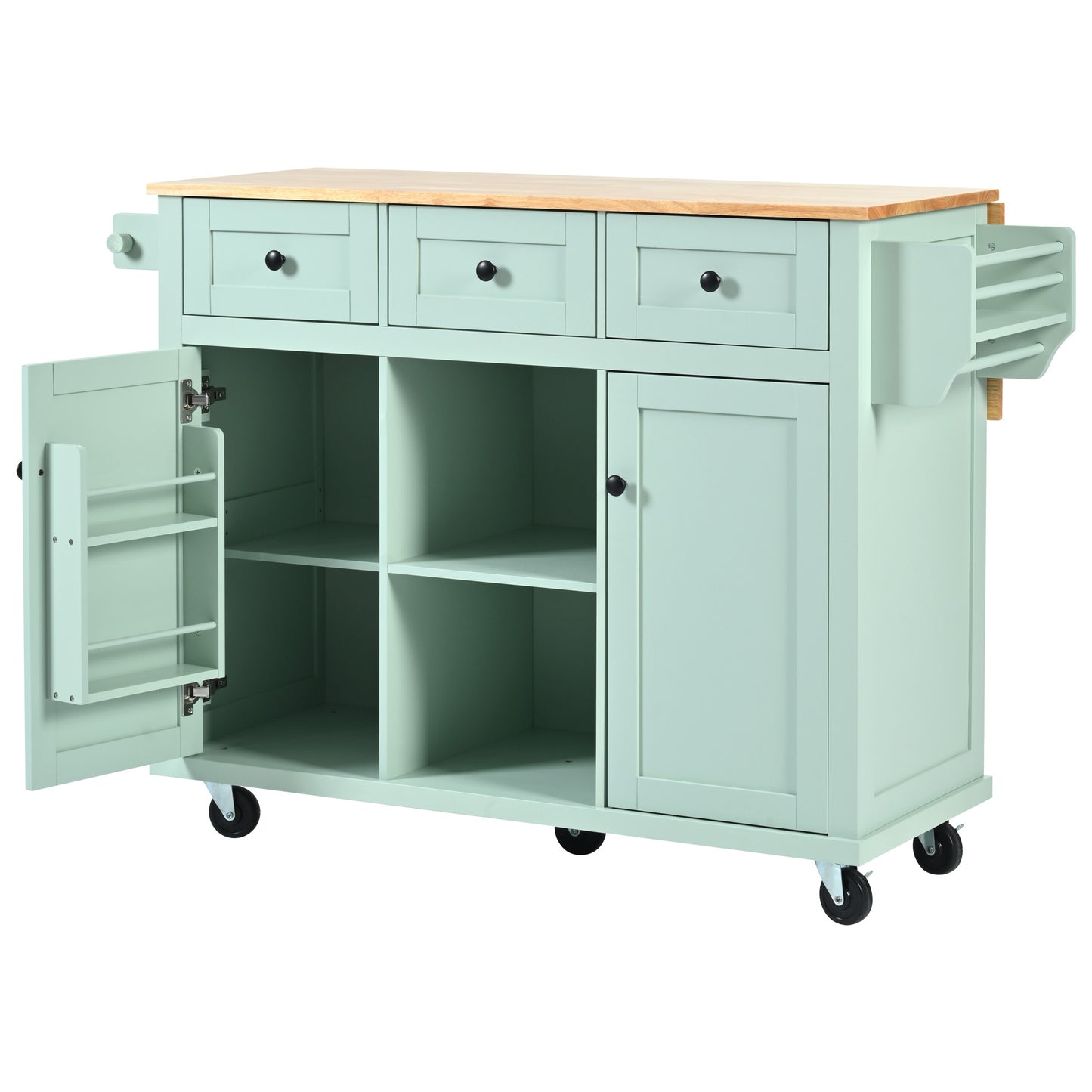 Mint Green Kitchen Island Cart with Drop-Leaf Rubberwood Top, Storage Cabinet, and 3 Drawers on Wheels